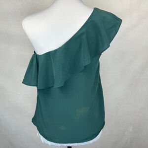 Maeve Top Sz 4 Green Silk One Shoulder Ruffle Lined Top Side Zipper
